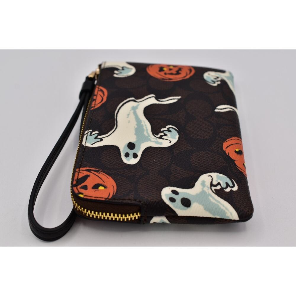 Coach Corner Zip Wristlet In Signature Canvas With Halloween Print Walnut Ghost - Picture 15 of 16
